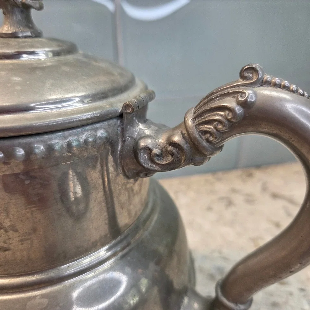 Vintage Victorian Style Silver Metal Teapot Ornate Scrollwork Hinged Lid 8.5in